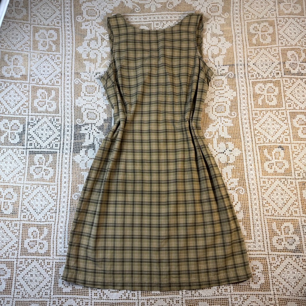 Faded Glory Cottagecore Fall Green Plaid Cotton Sleeveless Shift Dress Sz M 8/10